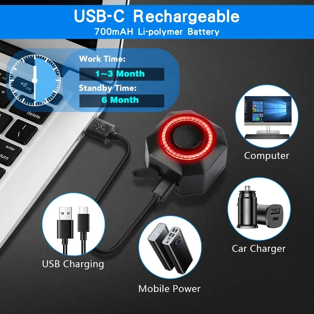 Bicycle Rear Light Bicycle Burglar Alarm Taillight Waterproof Smart Auto Brake Sensing Tail Lamp Remote Control USB Charge bike rear light