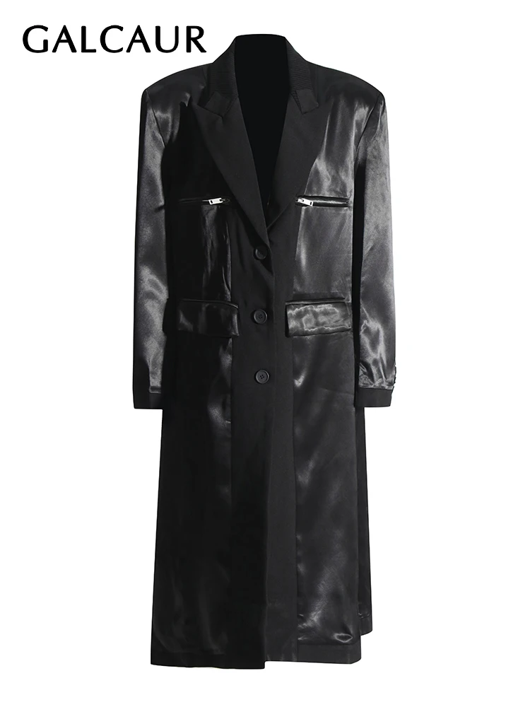 

GALCAUR Solid Temperament Trenches For Women Notched Collar Long Sleeve Patchwork Zipper Minimalist Casual Loose Trench Female