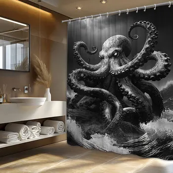 Black and white terrible octopus shower curtain, fantasy bathroom decoration, with 12 hooks, shower curtain 1