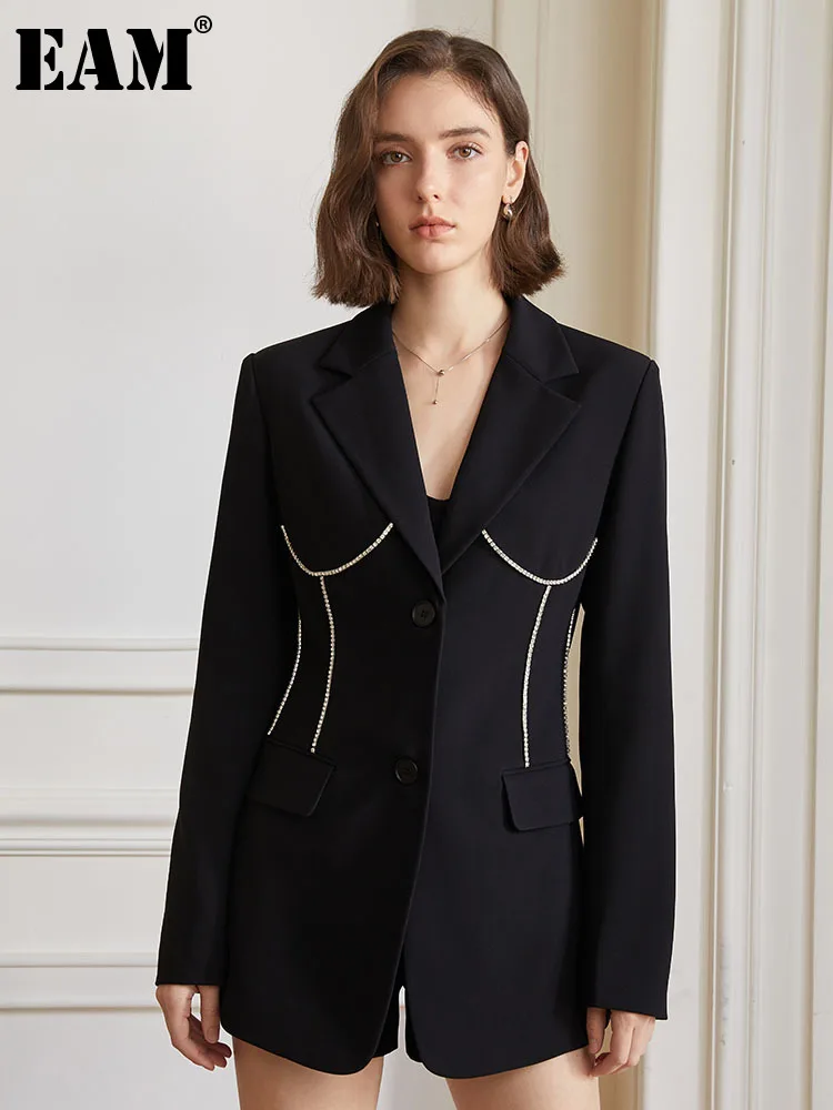 

[EAM] Women Black Rhinestones Elegant Blazer New V-neck Long Sleeve Loose Fit Jacket Fashion Tide Spring Autumn 2023 1DF8909