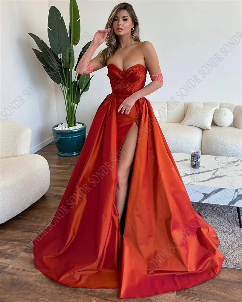 SONDR-Vestido largo de satén para mujer, traje de noche con abertura lateral, color rojo, personalizado, Formal, para fiesta