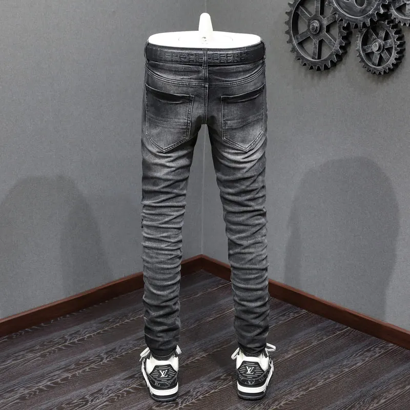 Street Fashion Men's Jeans Vintage Black Grey Elastic Slim Fit Split Jeans Men's Blue Leather Splitting Designer Hip Hop Brand P