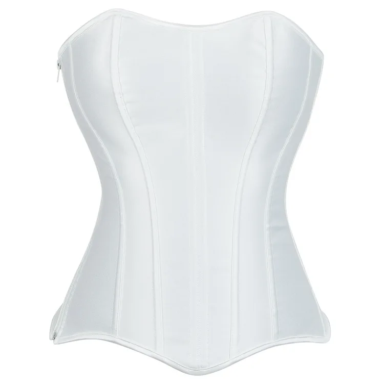 Women Overbust Corset Top Black White Satin Simple Elegant Bustier Gothic Zipper Waist Cincher Shapewear Sexy Korset