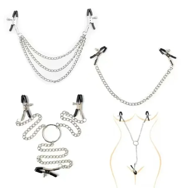 Brustklemme, Nippelklemme, Sexspielzeug mit Kette, Festish Sextoy, Edelstahl, Metall, Sexsklaven, SM-Kit, 3 Clips, 3 Ketten-Set 1