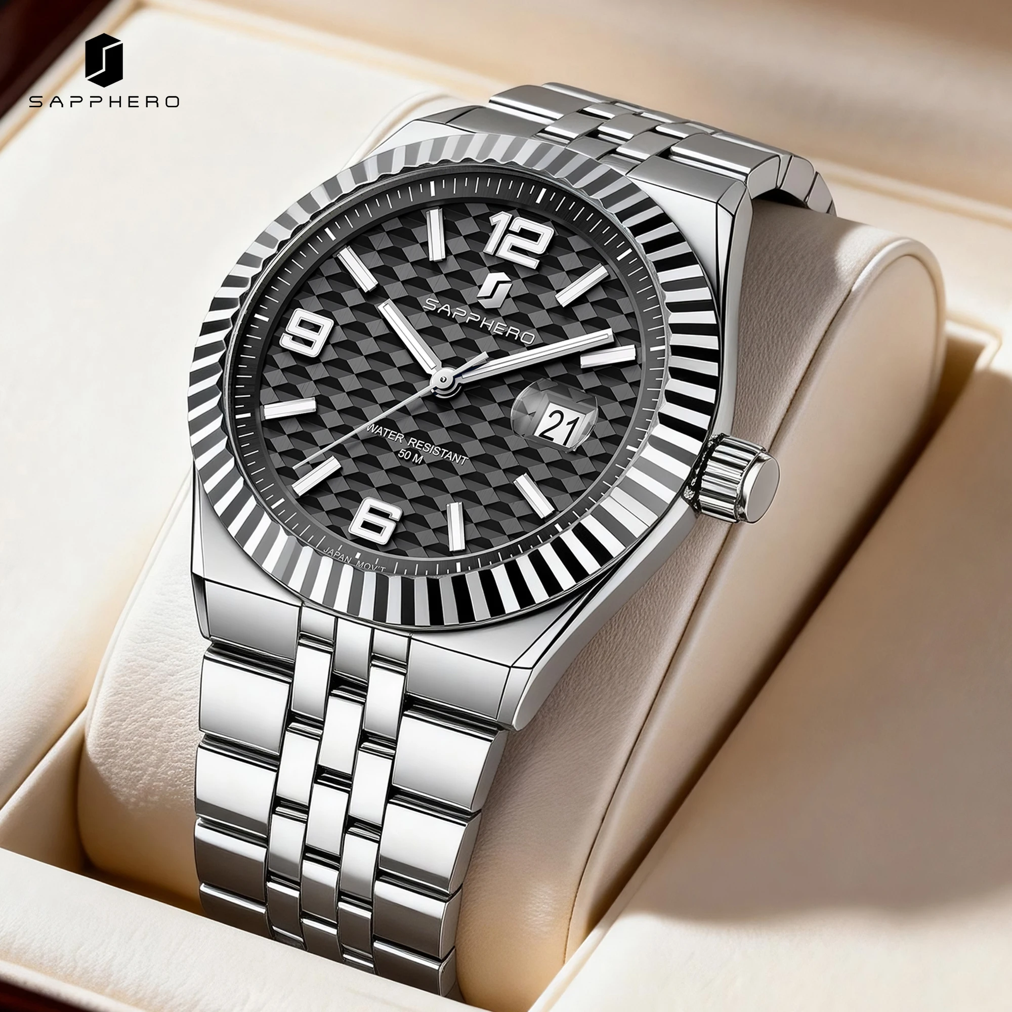 SAPPHERO Herren Quarzuhr, Edelstahlarmband, Datumsanzeige & Leuchtzeiger, 50M Wasserdicht, Business-Luxusuhr für Freizeit, Elegantes Geschenk für Männer – Detail 6