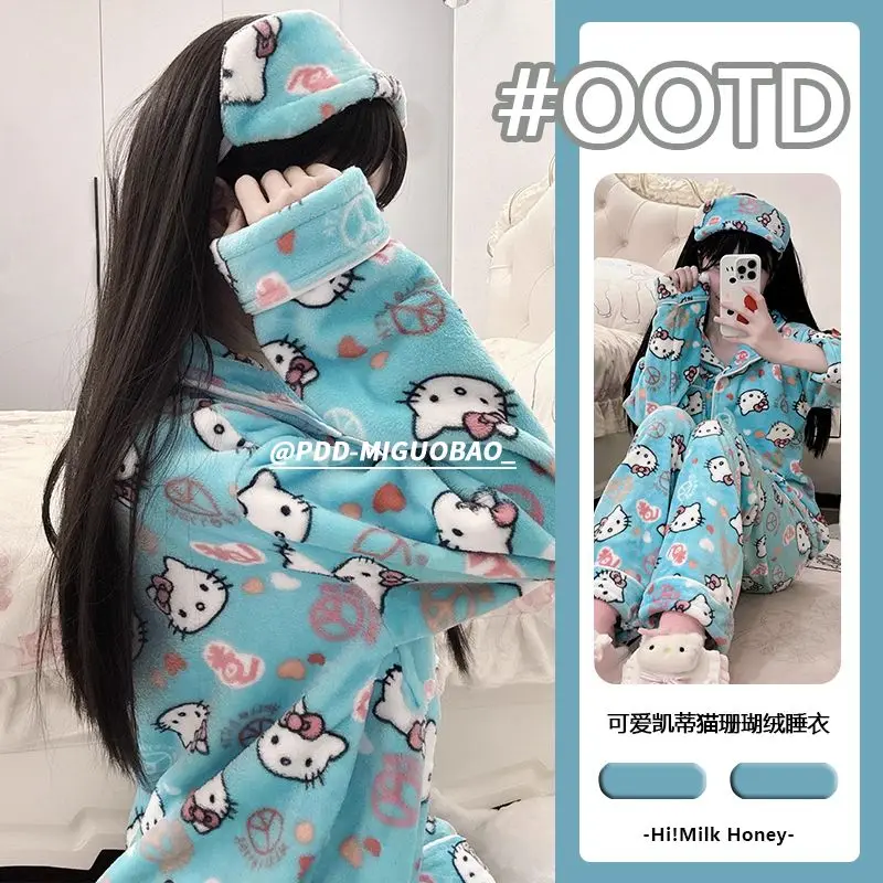 

Sanrio Hellokitty Pajama Pochacco Cinnamonroll Lady Coral Velvet Cute Loungewear Autumn/winter Thickened Flannel Homewear Set