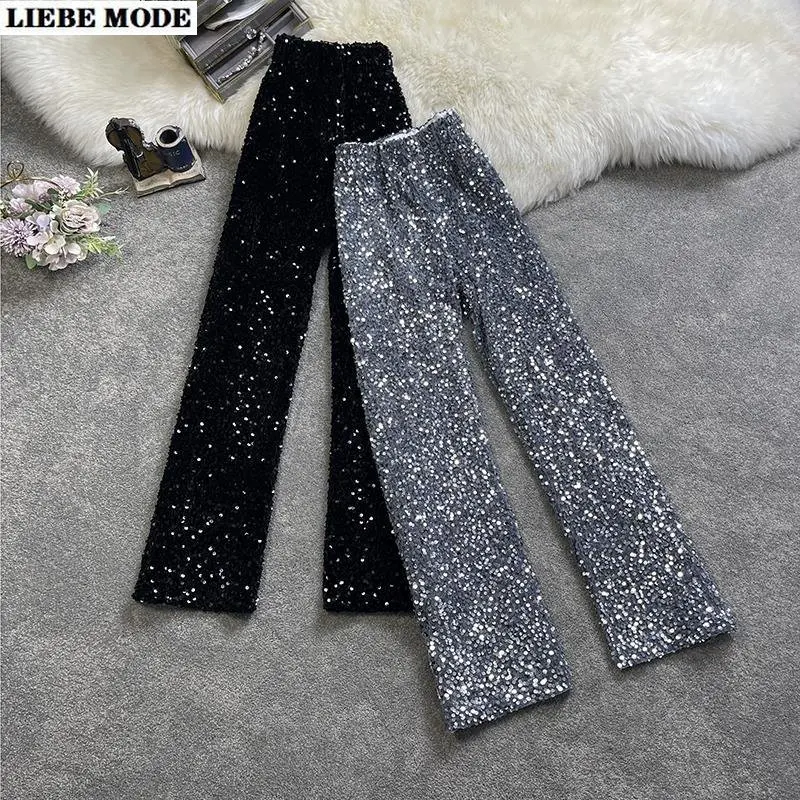 

Party Night Clubwear High Waist Sequin Pants Women Black Grey Silver Full Length Chic Fashion Wide Leg Loose Shiny Trousers