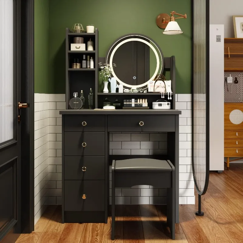 

Makeup Vanity Set Dresser Desk with 5 Drawer and Shelf Round Mirror with Touch Screen and Light Vanity Set with Cushioned Stool