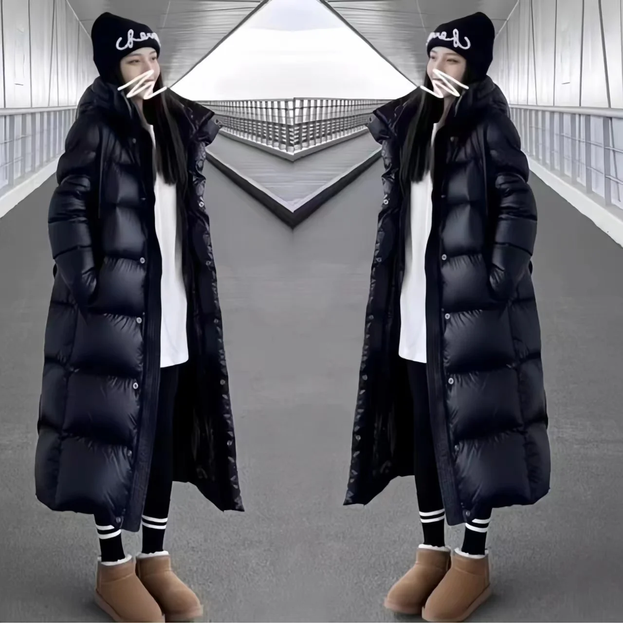 Black Glossy Down Jacket, Long and Thick Hooded Couple's Black, Gold, and White Duck Down Wash Free Jacket, New for Winter