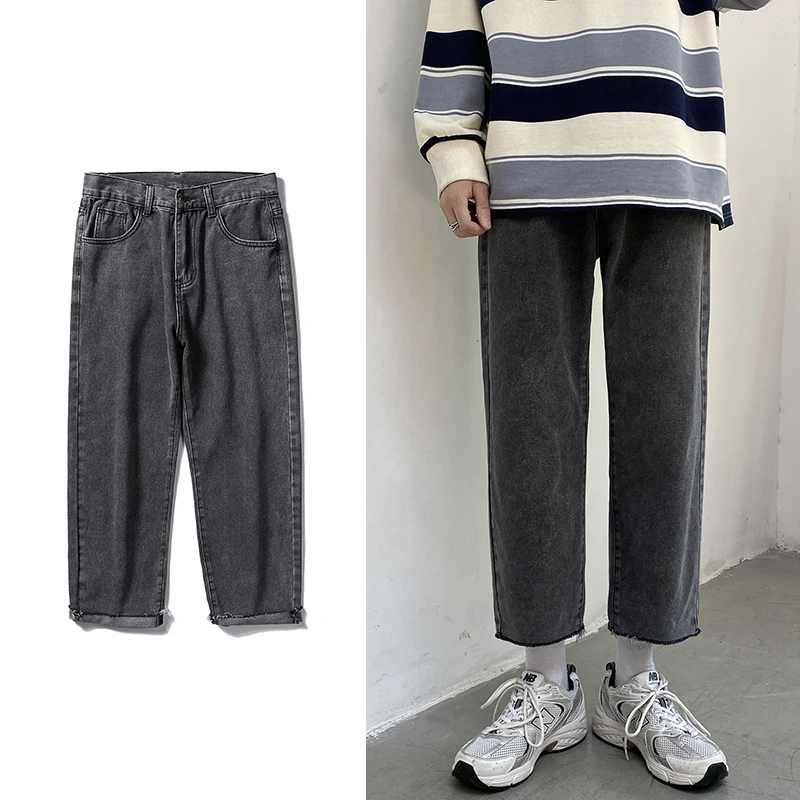 Men's Streetwear Smoky Gray Baggy Jeans Autumn New Korean Fashion Straight Denim Cropped Trousers Wide Leg Pants Male men jeans mens jeans jeans trousers denim trousers