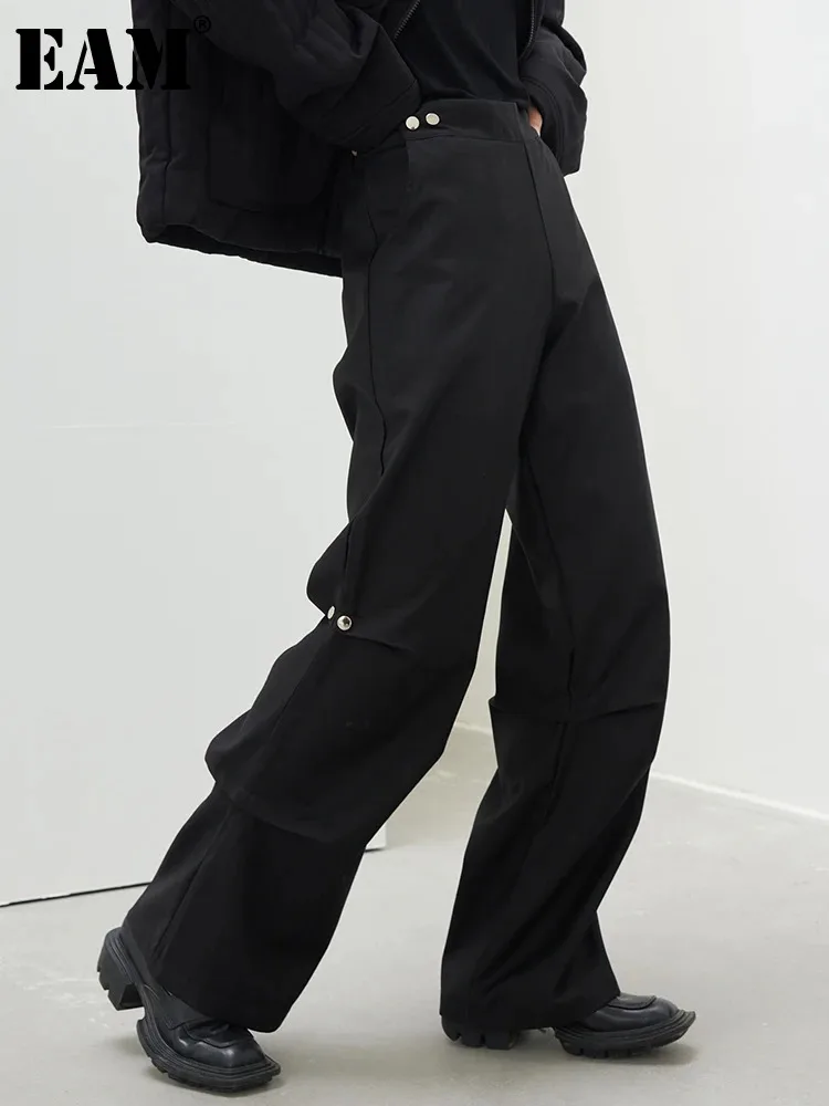 

[EAM] High Waist Black Buckle Long Casual Wide Leg Pants New Loose Fit Trousers Women Fashion Tide Spring Autumn 2024 1DH0047