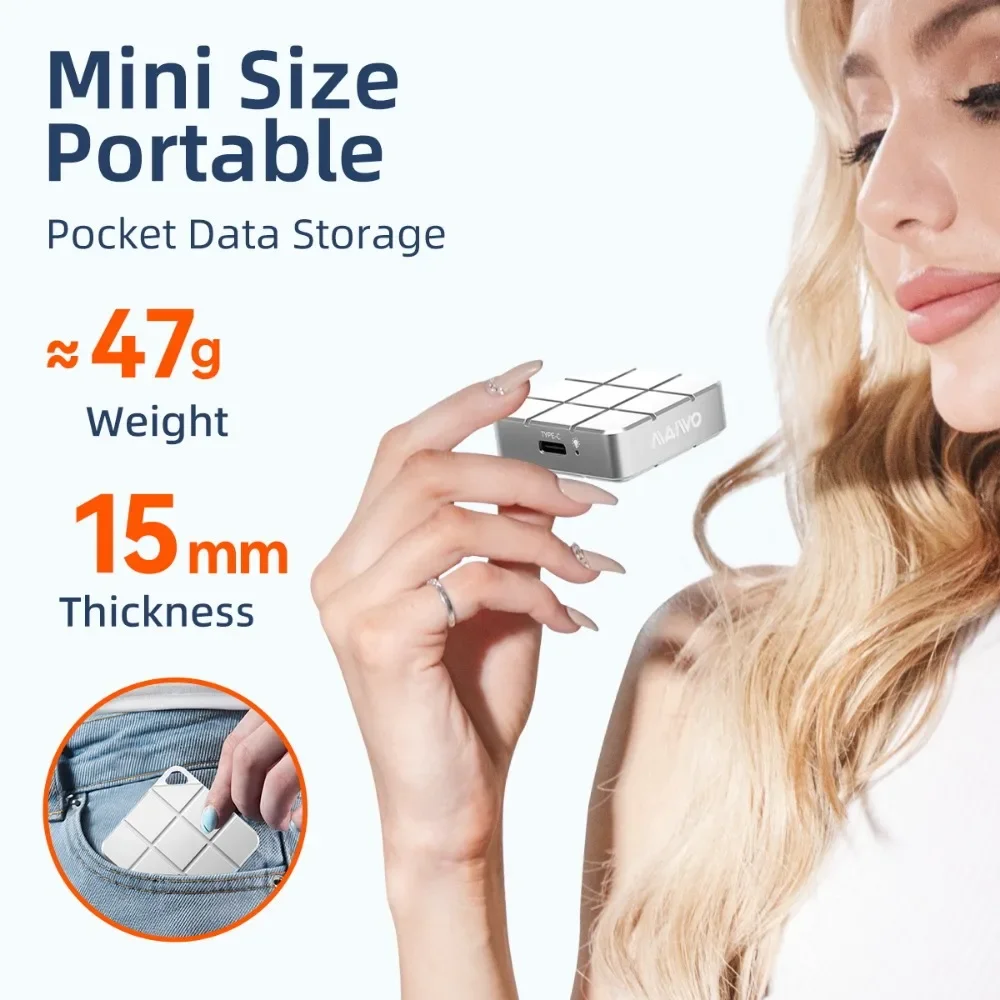 마이워 휴대용 외장 SSD 내장형 M.2 2230 PCIe NVMe SSD USB-C 3.2 최대 1050MB/s 미니 PSSD 아이폰 15 16 17용