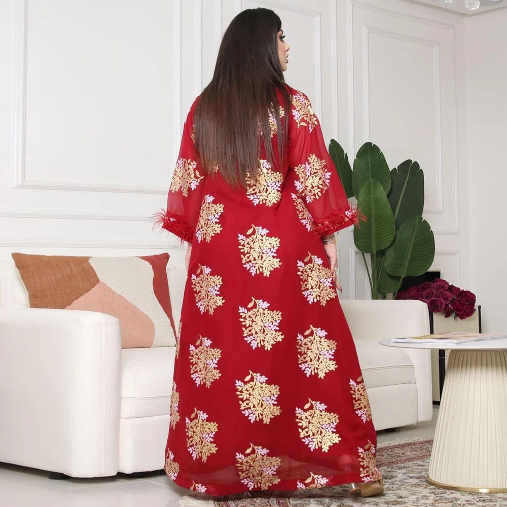 MD Muslim Dubai Abaya Islamic Clothes For Women Luxury Wedding Party Evening Gown Floral Embroidery Feather Boho Maxi Dress Bubu