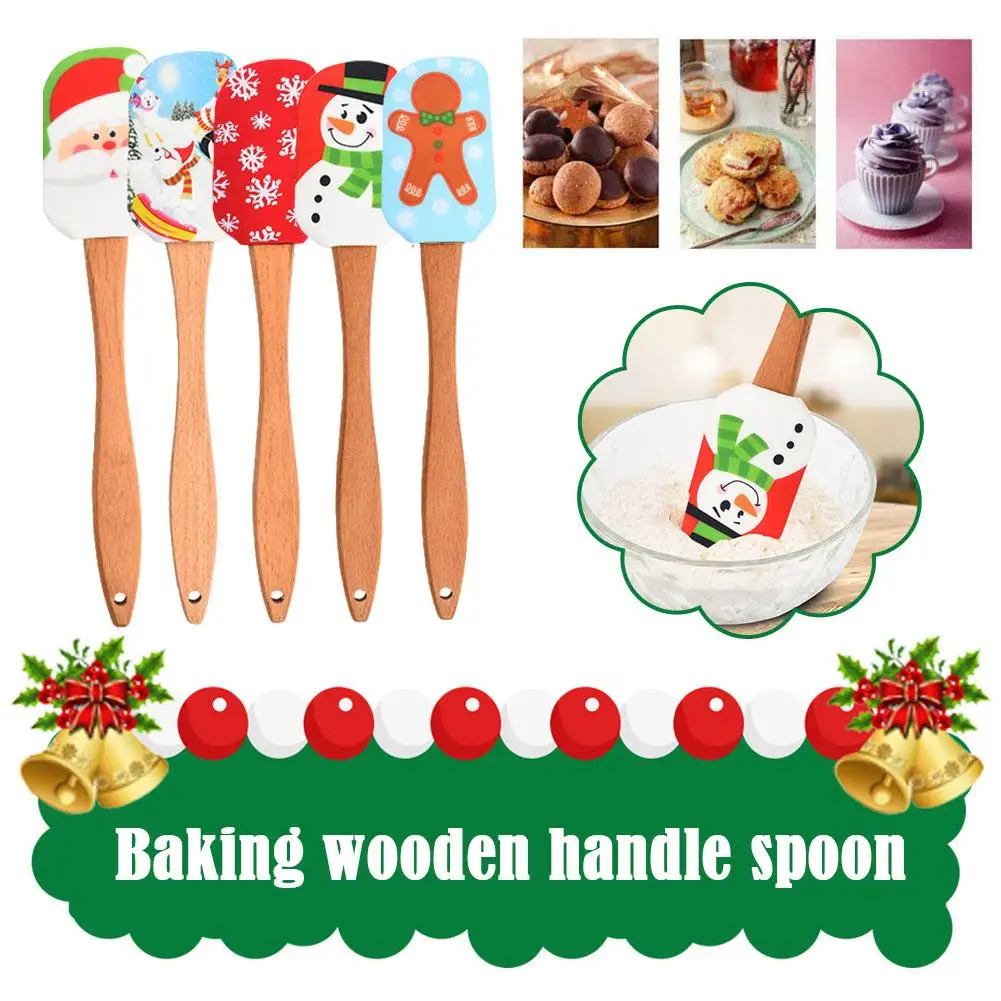 

Рождественская тематика, деревянная ручка, шпатель для смешивания теста, инструменты для торта, скребок для крема, кухонный силиконовый декоративный инструмент для выпечки V7J5