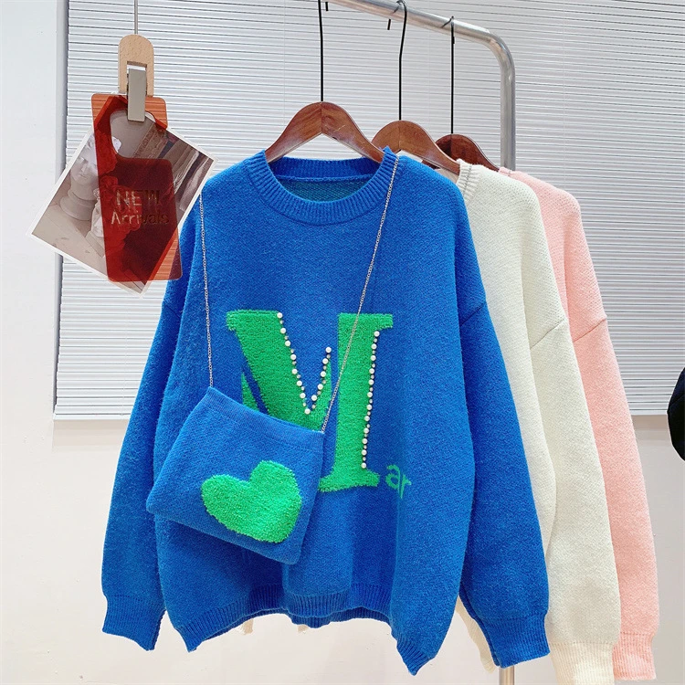 ladies sweater 2022 Women Spring O-Neck Sweater With Bag Knitted Long Sleeve Sweater Solid Color Casual Women Pullovers Pull Femme sweater for women