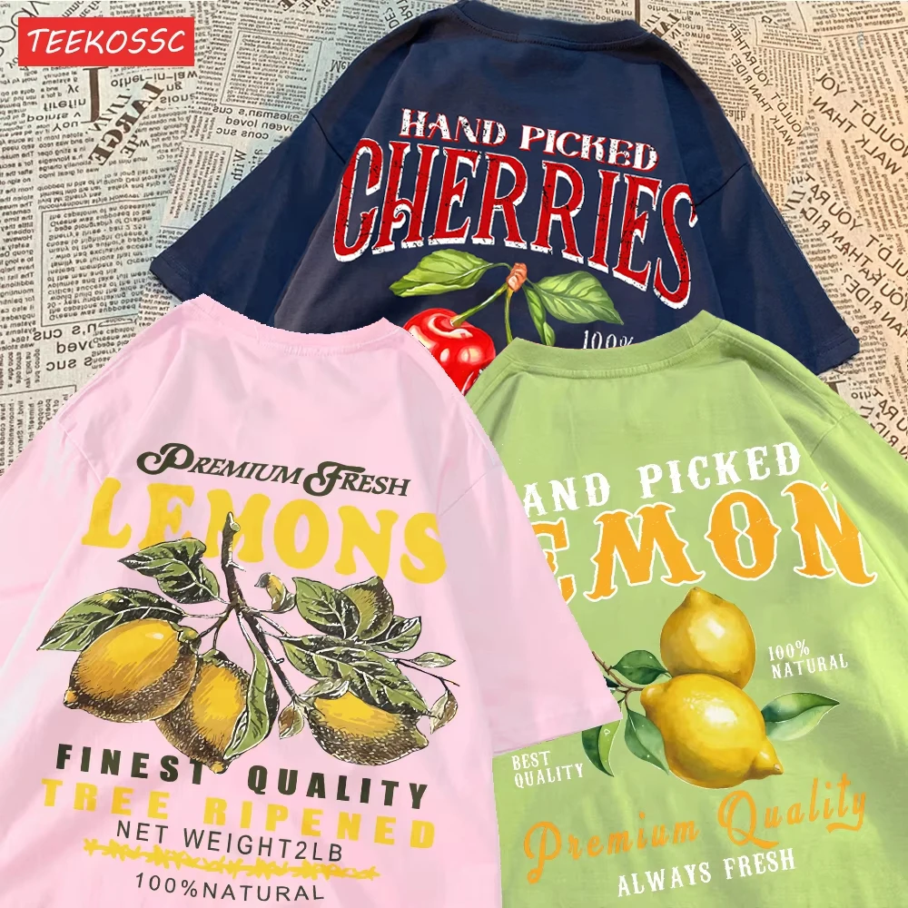 Camisetas con estampado de cerezas y limón para mujer, Tops de algodón de gran tamaño con cuello redondo, camisetas suaves de manga corta, ropa informal de calle para mujer