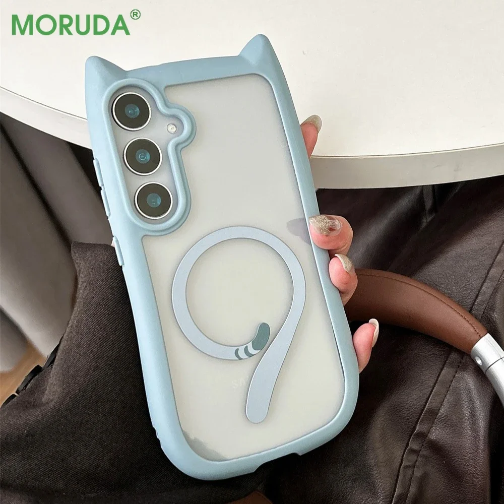 Cute Cat Ear Magnetic Phone Case - Transparent, Wireless Charging-Compatible Shell
