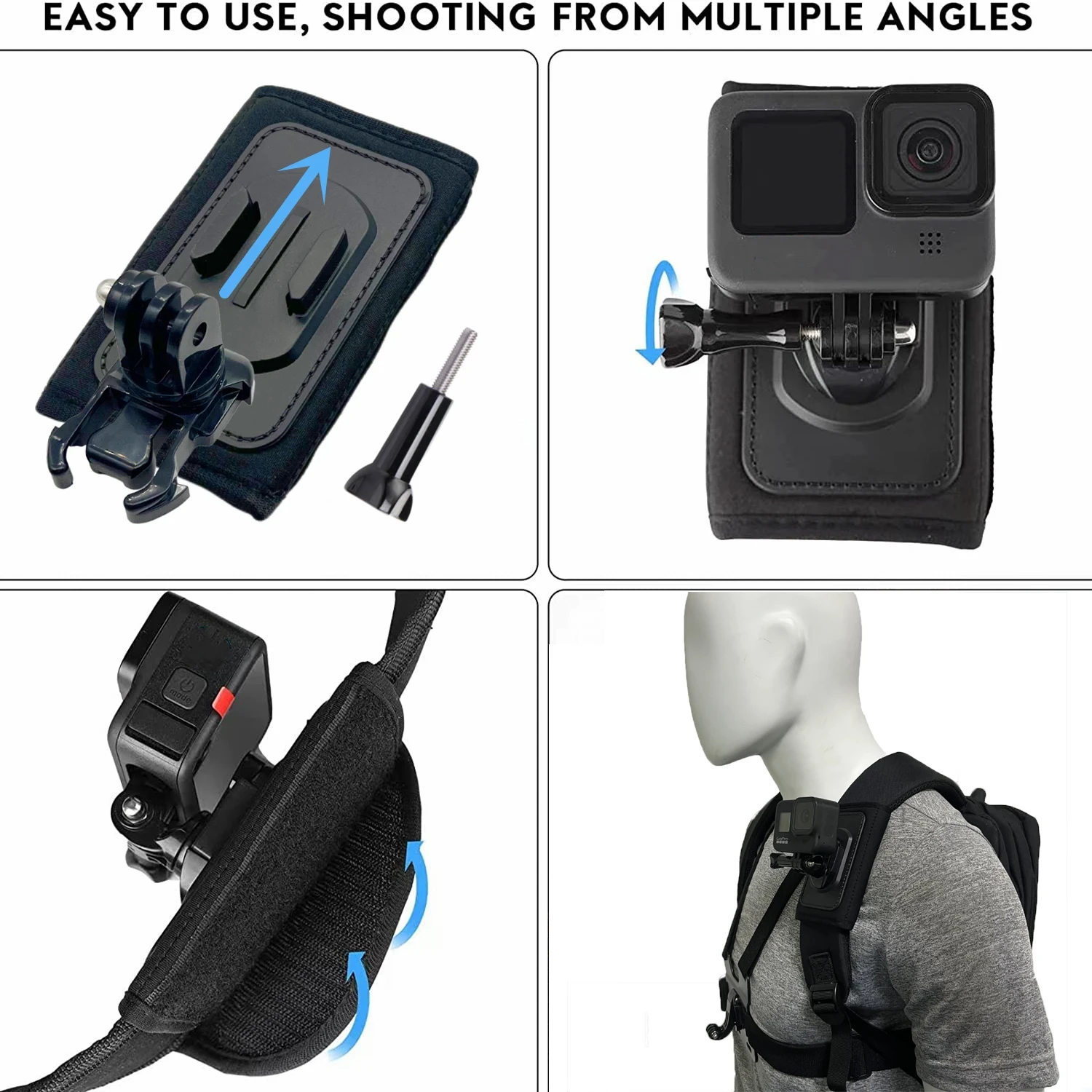 Backpack Strap Mount Rotatable Quick Release Base for GoPro 13 12 11 10 SJCAM AKASO Insta360 DJI Osmo Action Camera Accessories