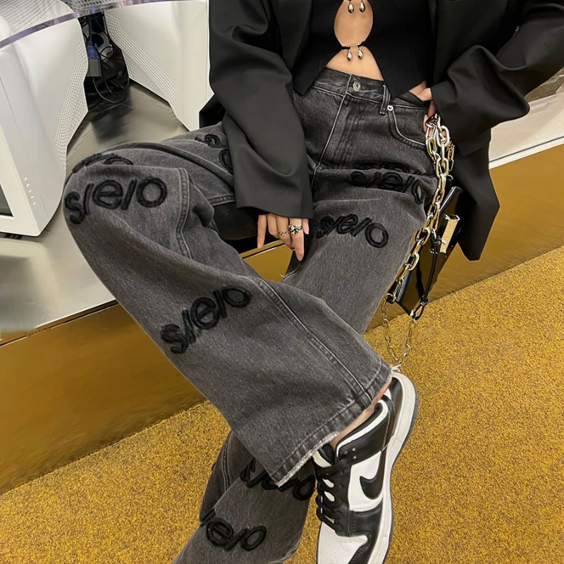 

Letter Embroidery High Waisted Jeans Woman High Street Vintage Baggy Jeans Women Clothing Casual Wide Leg Women Jeans Pants