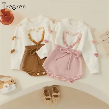 Tregren 신생아 여아 스웨터 롬퍼, 가을 겨울 옷, 긴팔 대비 색상 하트 니트 롬퍼, 유아 바디 수트, 0-18M