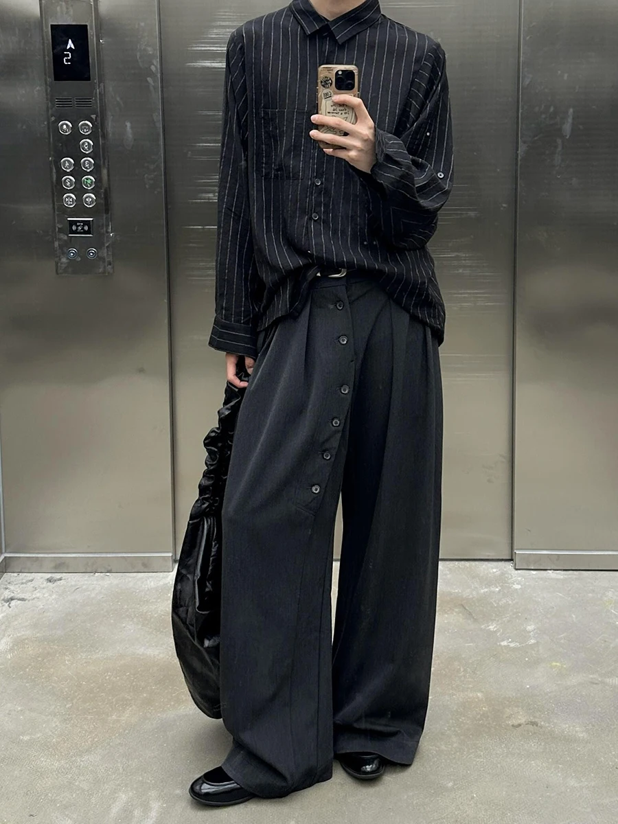 REDDACHiC Men Buttoned Pleated Front Suit Trousers Cleanfit Black Elastic Waist Wide Leg Dress Pants Office Work Casual Clothes