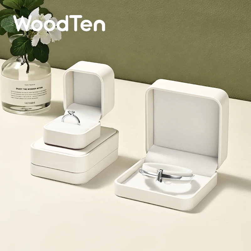 WoodTen Beige Jewelry Box Leather Ring Jewelry Organizer Box Earring Necklace Bracelet Box For Proposal Wedding Customizable 1