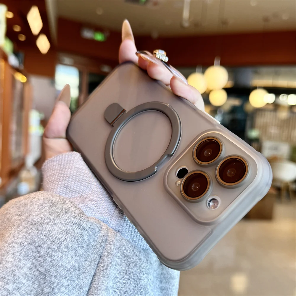 Luxury Matte Translucent Magnetic Ring Stand Phone Case with Lens Protection and Shockproof Design