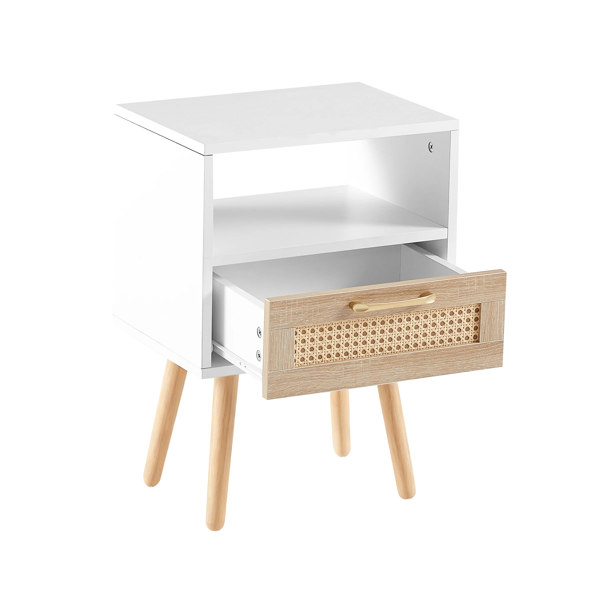 Rattan-Beistelltisch mit Schublade und Massivholzbeinen, moderner Nachttisch, Beistelltisch für Wohnzimmer, Schlafzimmer, weiß – Detail 10