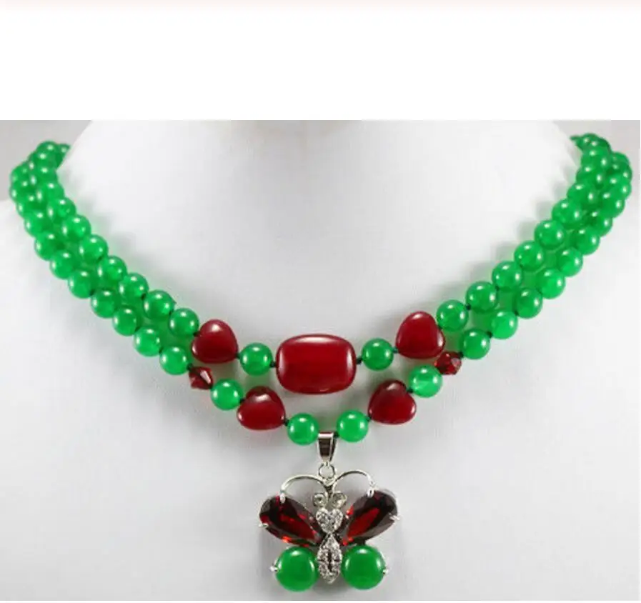 

lady's fashionalbe accessory! Pretty 2 rows green & red Jade necklace inlaid crystal butterfly pendant