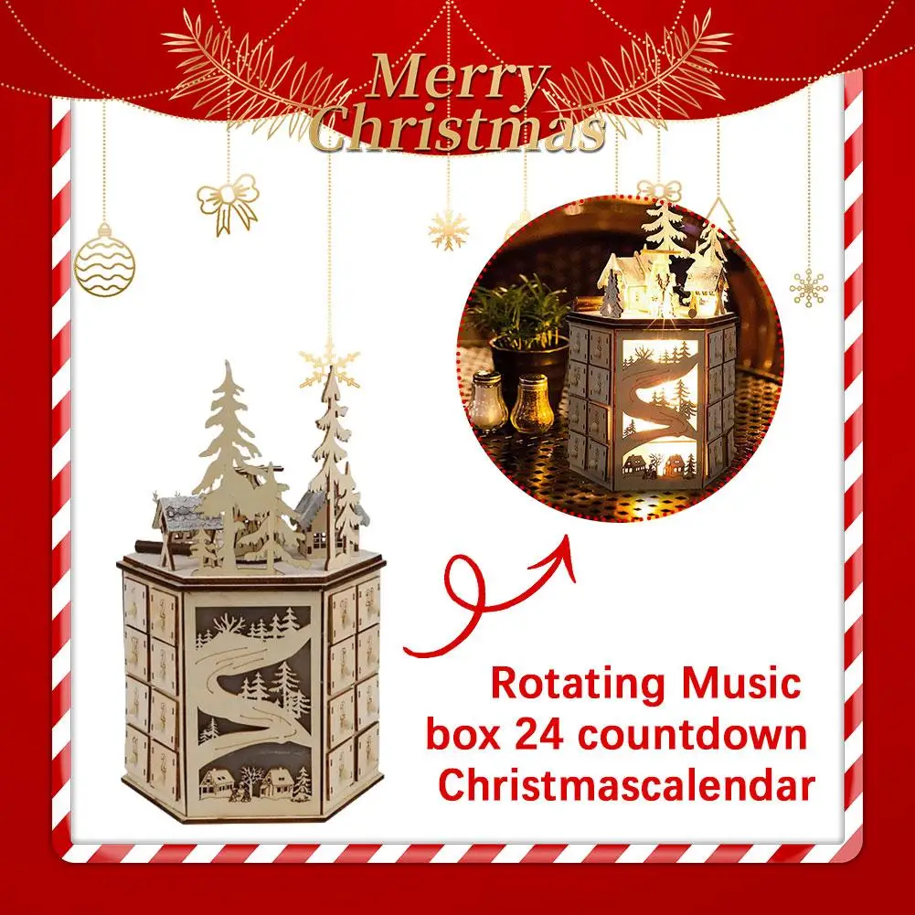 

Revolving Music Box 24 Day Countdown Christmas Calendar Christmas Wooden Carved Ornaments Lights Advent LED K3V9