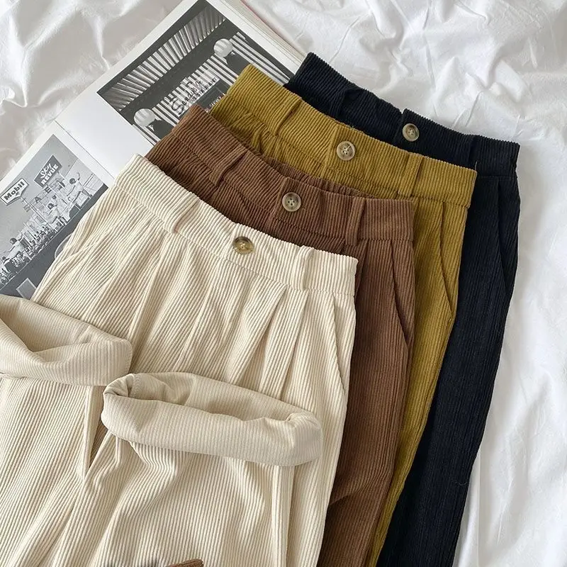 

Vintage High Waist Corduroy Pants Women Fashion Autumn Straight Lady Trousers Casual Solid Pockets Wide Leg Pants Women 29096