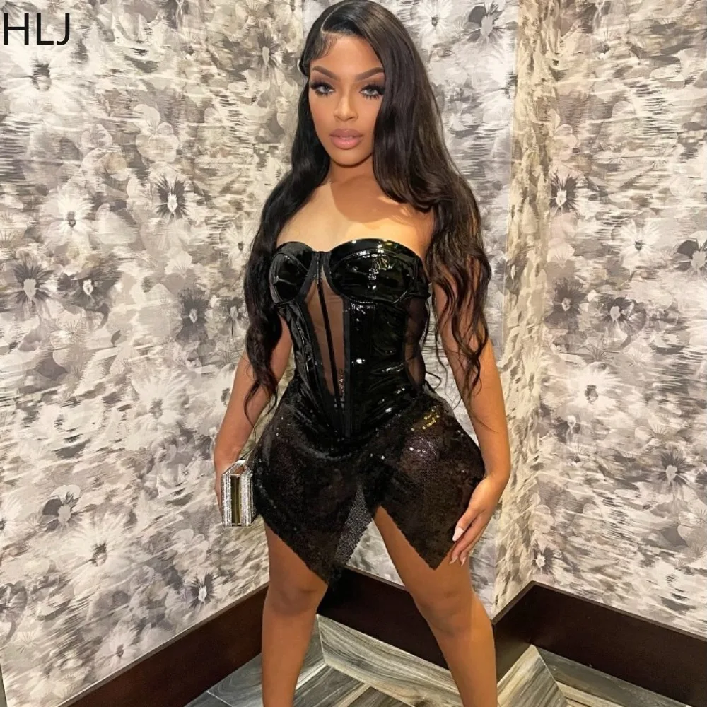 

HLJ Sexy Off Shoulder Mesh Splicing Sequin Party Club Mini Dresses Women Sleeveless Irregular Bodycon Vestidos Fashion Clothing