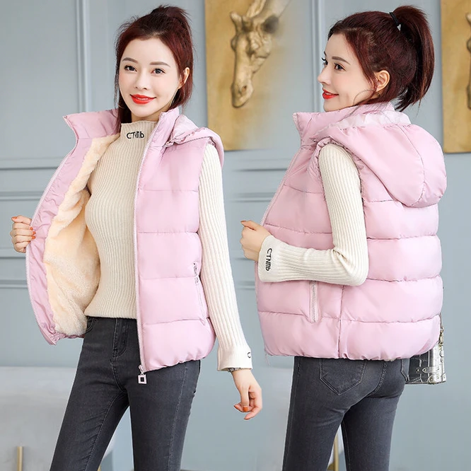 2021 New Plush Women's Autumn  Winter Down Cotton Vest With Hat Zipper Girls Leisure Vest Outdoor warm coat Pink long bubble coat