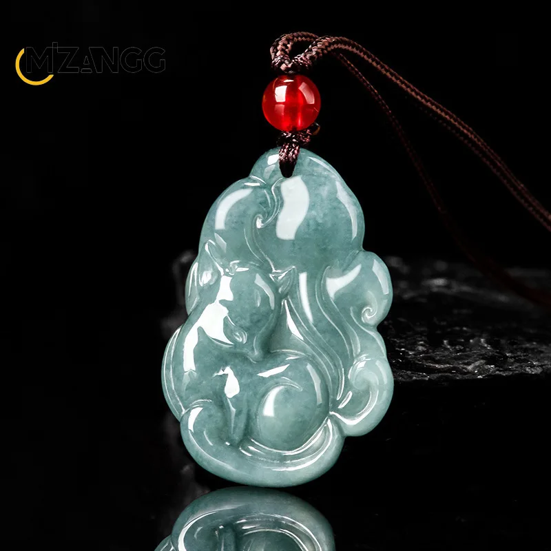 Authentic Natural Jadeite Blue Water Nine Tail Fox Fairy Pendant Exquisite Luxury Charm Women Jewelry Necklace Mascot