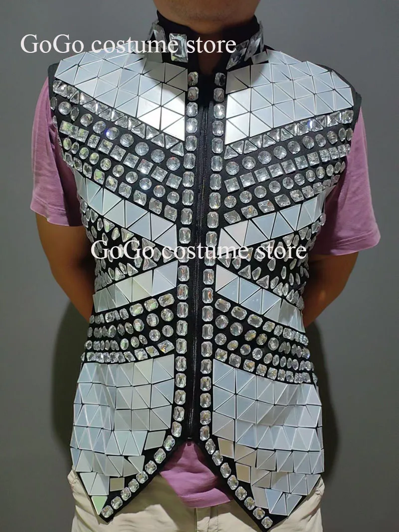 Male Singer Bar Nightclub Stage Crystal Sequins Vest Performance Clothes Drum Dance Coat Sparkly Rhinestones Mirror Waistcoat 4