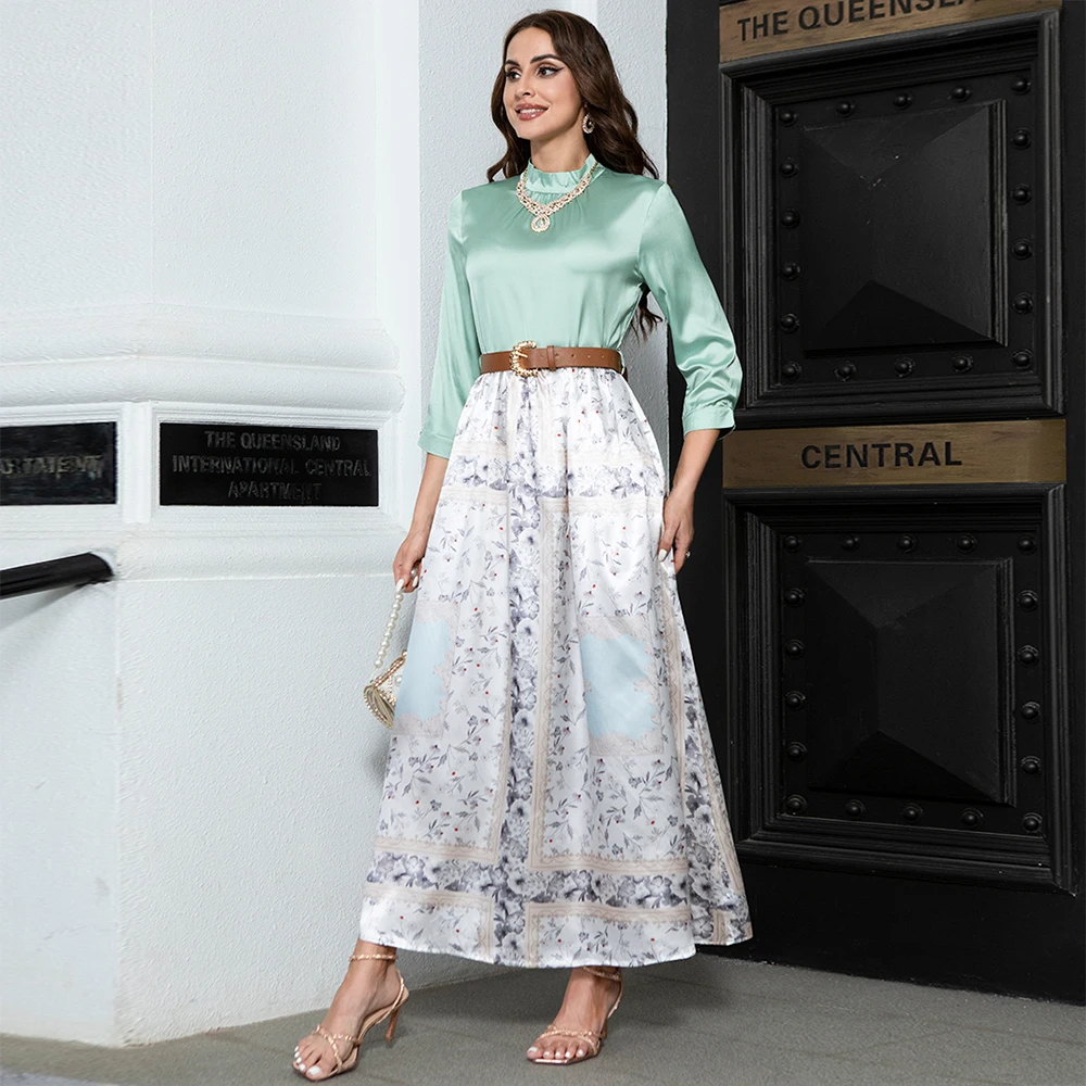 Friday Muslim Ramadan Elegant High Neck Floral Contrast Color Delivery Belt Shirt Sleeves Holiday Party Women's Long Dress