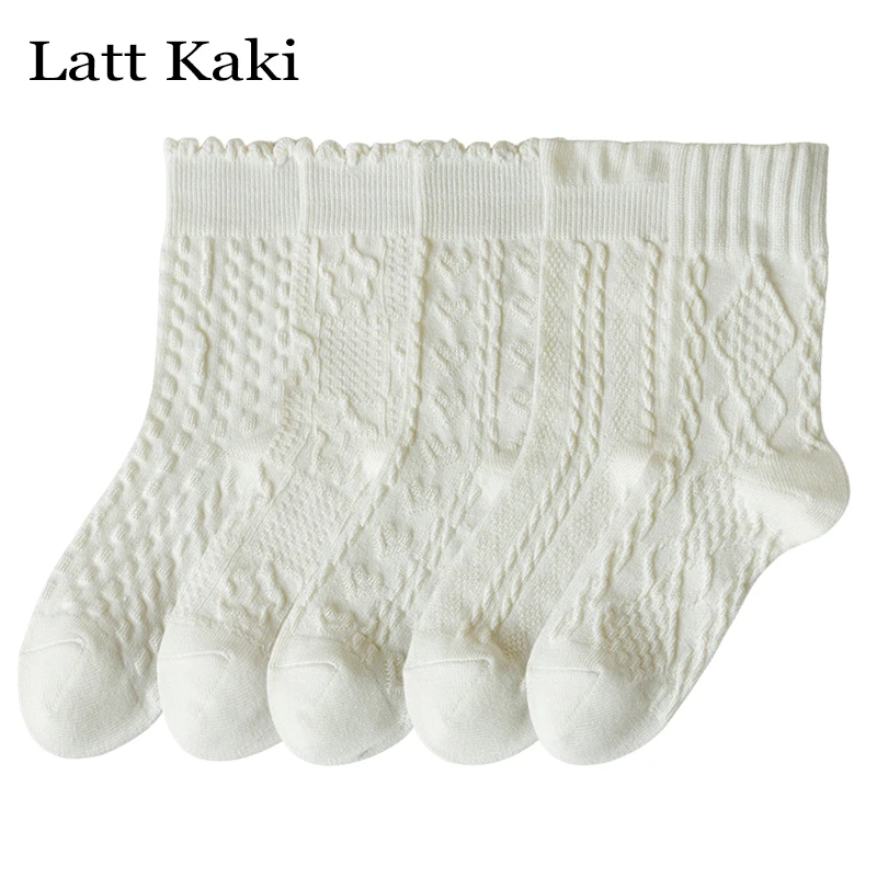 

5 Pairs/Lot Woman Socks Set New Simple Preppy Style Female White Socks Cotton Frilly Breathable Absorb Sweat Crew Socks Short