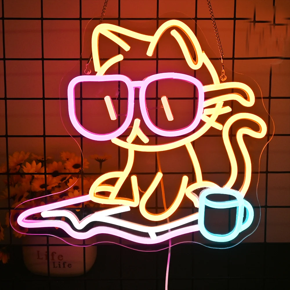 Description Picture 2 of itemReading Cat Neon Sign Dimmable Room Decoartion Led Light Up Sign Wall Decor Signs For Kid's Bedroom Read Area Library Neon Lamp