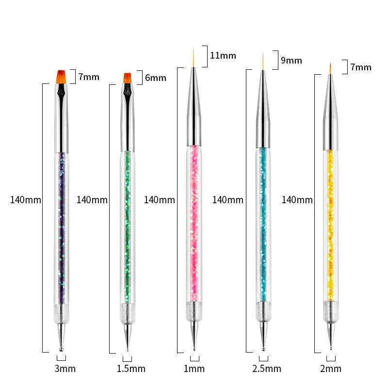 5 Pcs/Set Sequins Powder Drill Pen UV Gel Liner Polish Brush Double Ends Dotting Drawing Painting Crystal Nail Art Dotting Tools