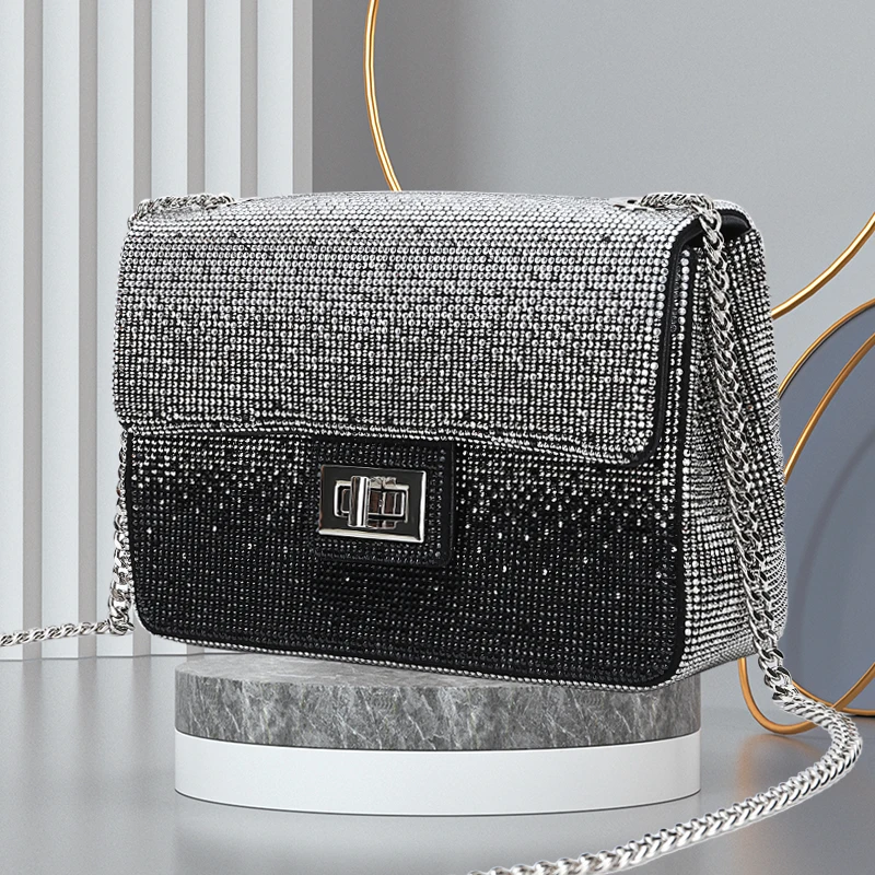 Genuine leather bag for women 2024 fashionable full diamond chain shoulder crossbody exquisite small square bag wedding shopping