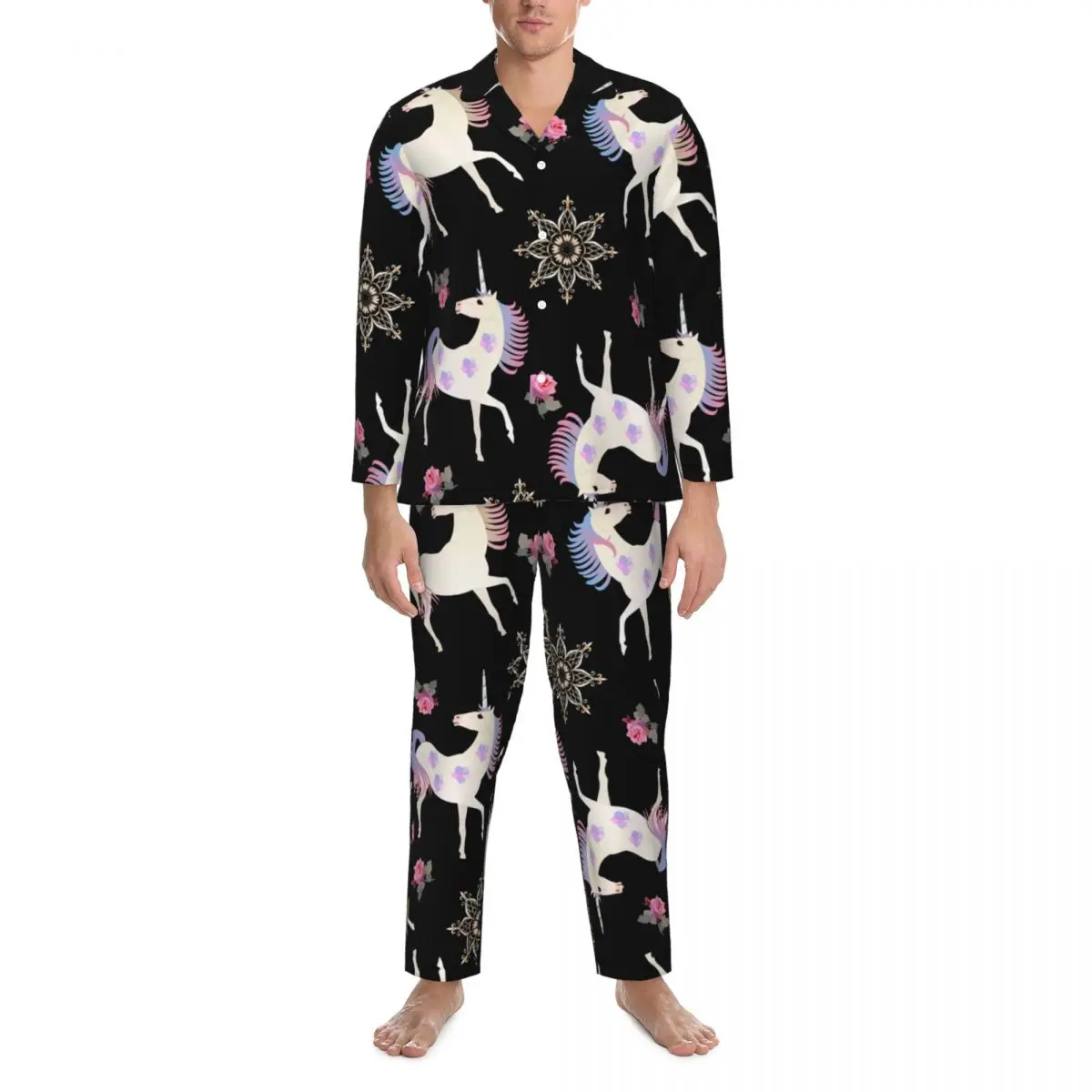 

Cute Unicorn Pajamas Men Pink Floral Print Fashion Sleep Nightwear Autumn 2 Piece Casual Oversize Design Pajama Set