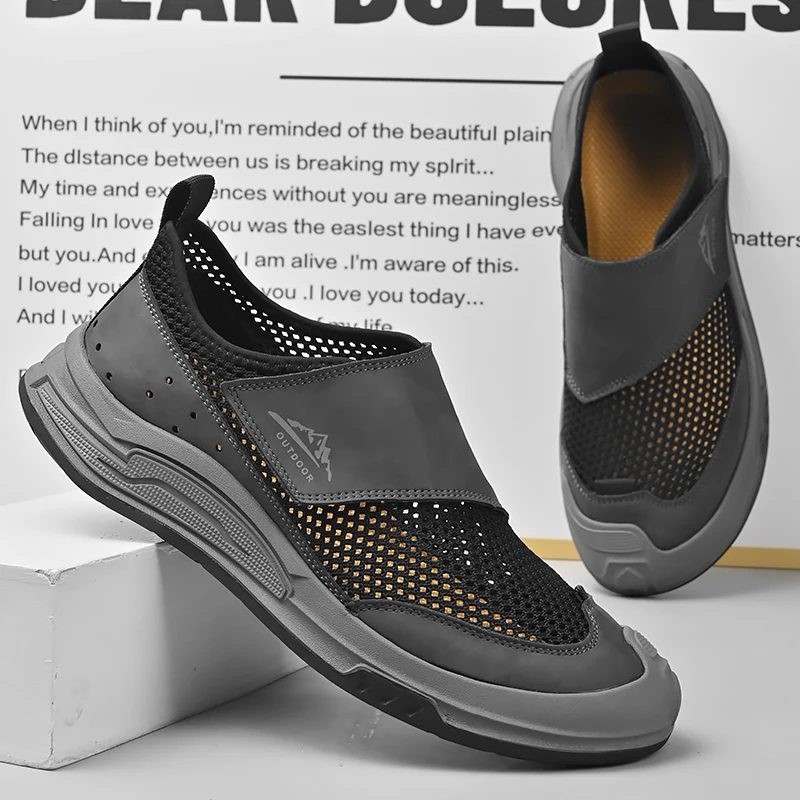 Handmade Leather Men's Slip on Shoes Outdoor Casual Loafers Moccasins Soft-Soled Walking Mesh Shoes Non-Slip Male Driving Shoes 6