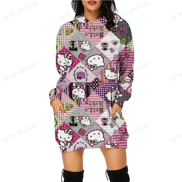 thumbnail image 1 of Sudadera de gran tamaño para mujer, con estampado de HELLO KITTY, cuello redondo, manga larga, jerséis de dibujos animados, ropa informal para mujer, otoño y primavera, ajustada, 1 of 5