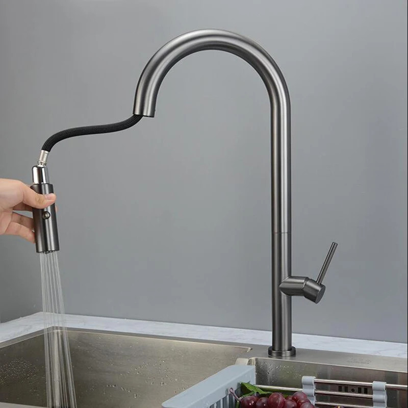 Nordic Air Gun Grey Stainless Steel Pull Kitchen Hot And Cold Water Faucet Pull Telescopic Sink Can Rotate Faucet