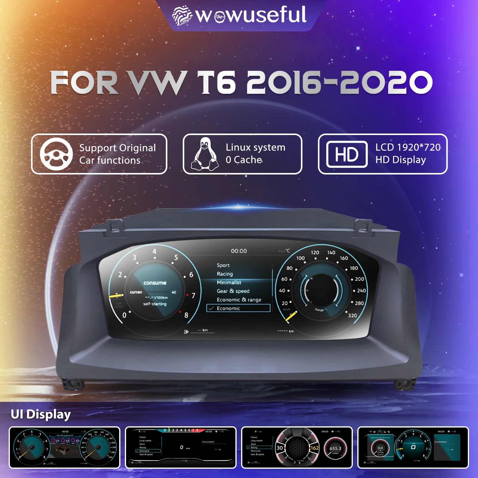 Panel de Instrumentos Digital LCD HD de 12.3'' y 1920*720 para VW T6 Caravelle Multivan Transporter, Años 2016-2020, Panel Virtual de Cabina 1
