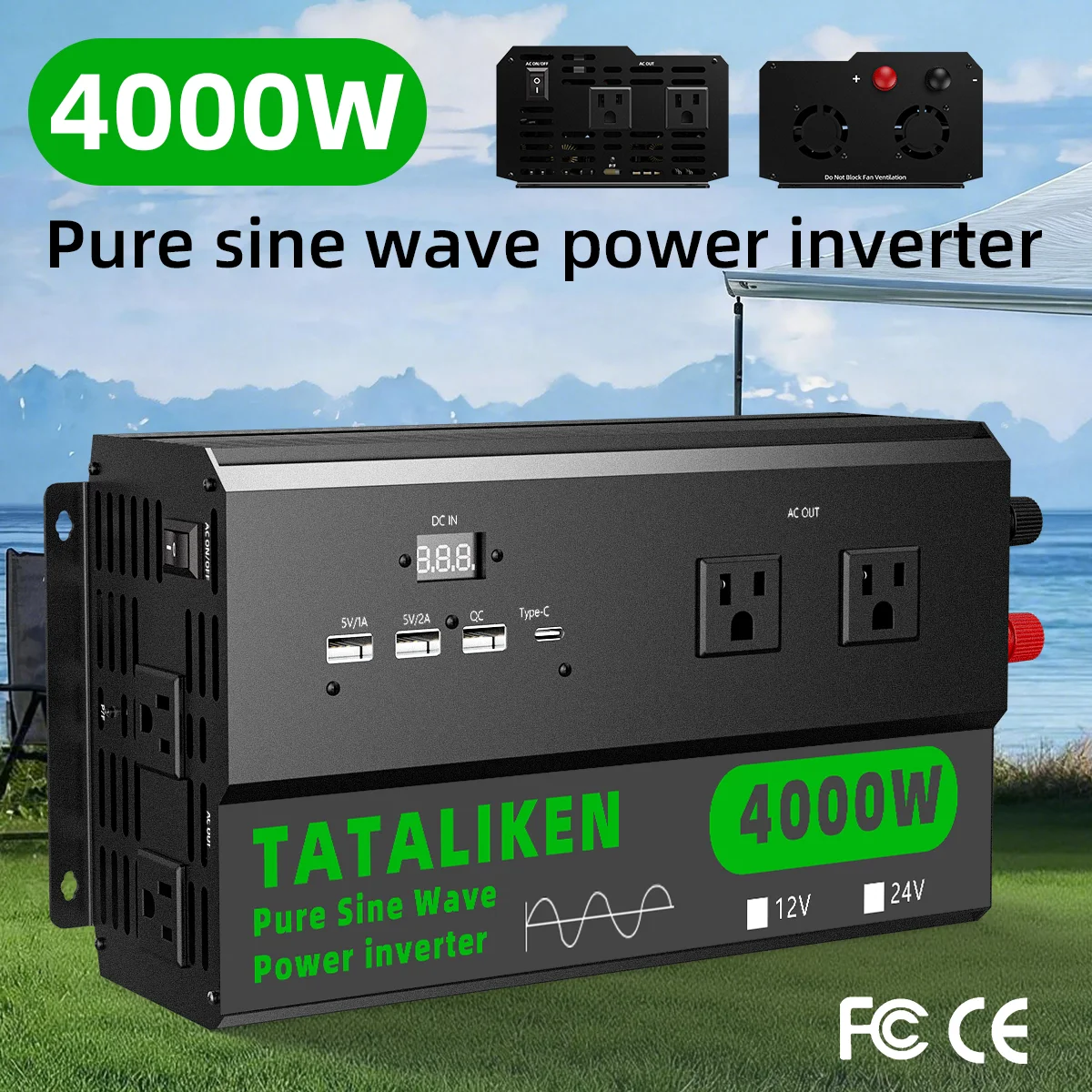 อินเวอร์เตอร์คลื่นไซน์บริสุทธิ์กำลังสูง 5000 วัตต์ 110 โวลต์/60 เฮิรตซ์ พร้อมเต้ารับแบบอเมริกันและหน้าจอดิจิตอล สำหรับงานกลางแจ้ง 1