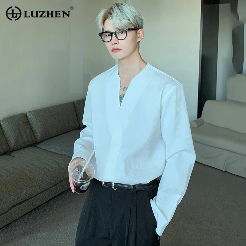 

Long Elegant Shirts Fashion V Solid Sleeve Neck Color Luxury Men's Tops 2023 Autumn Korean Trendy Casual Clothes 09124d