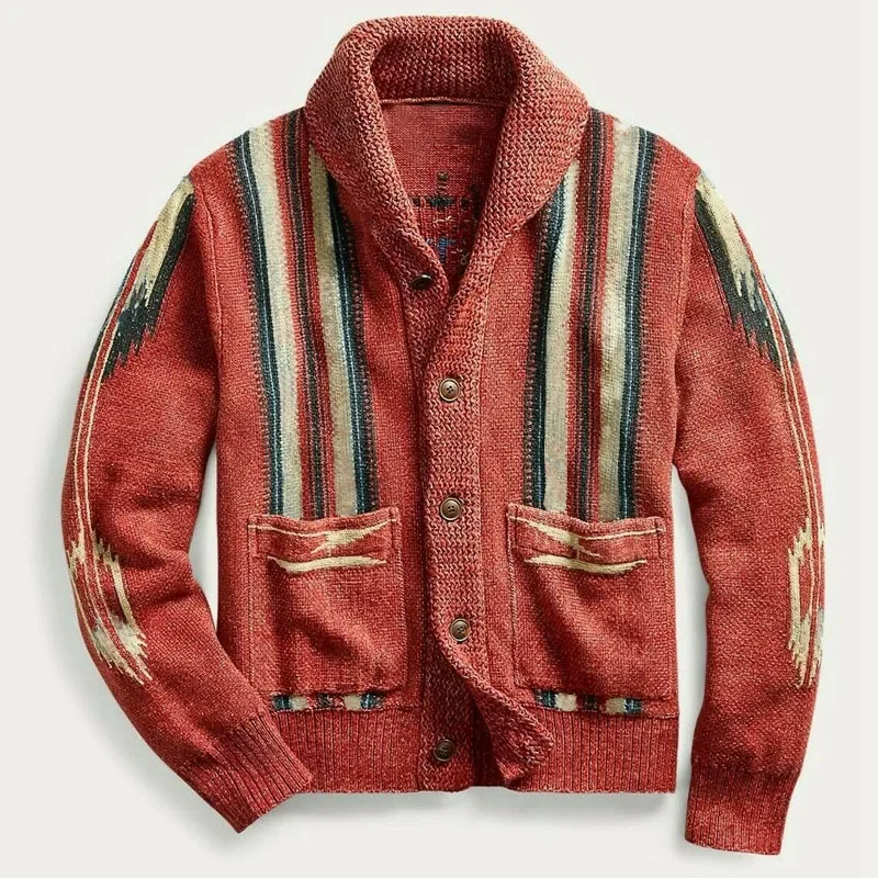2024 Men's Leisure Autumn Winter New Men's Wear European and American Vintage Jacquard Sleeve Lapel Knitwear Sweater