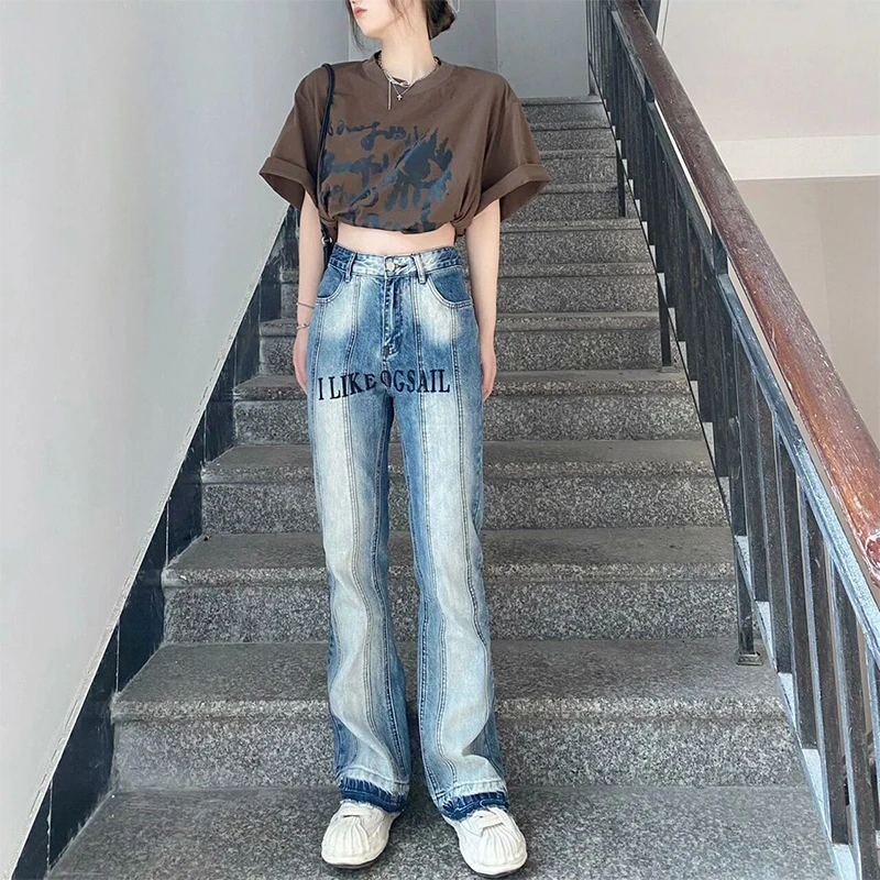 Streetwear Vintage Jeans High Waist Blue Y2k Fashion Embroidery Trouser For Women's Summer Korean Style Denim Long Pants Casual