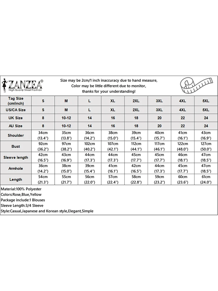 ZANZEA 우아한 여성 블라우스, 캐주얼 퍼프 3/4 소매 상의, 한국 패션 스퀘어 칼라 튜닉, 2024 여름 빈티지 파티 셔츠